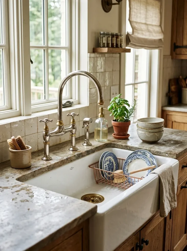 Fireclay apron-front sink with brass and nickel fixtures beside stone countertops in a vintage kitchen.