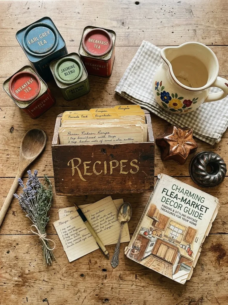 Old recipe boxes, tea tins, ceramic pitchers, and copper molds displayed as vintage finds.