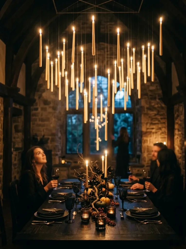 Candles suspended above a dining table creating a magical floating effect for a Halloween centerpiece