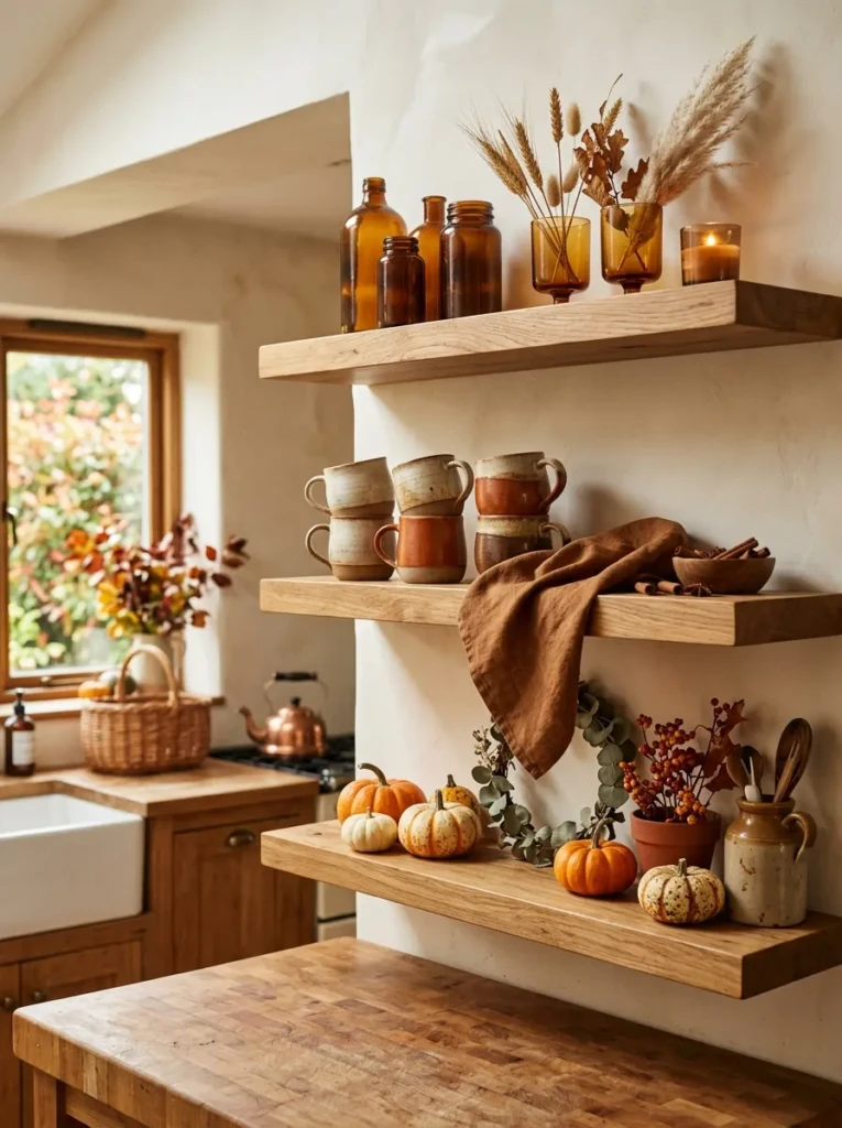 Floating shelves styled with amber glass, mini pumpkins, rustic mugs, and cinnamon-toned linens for fall.