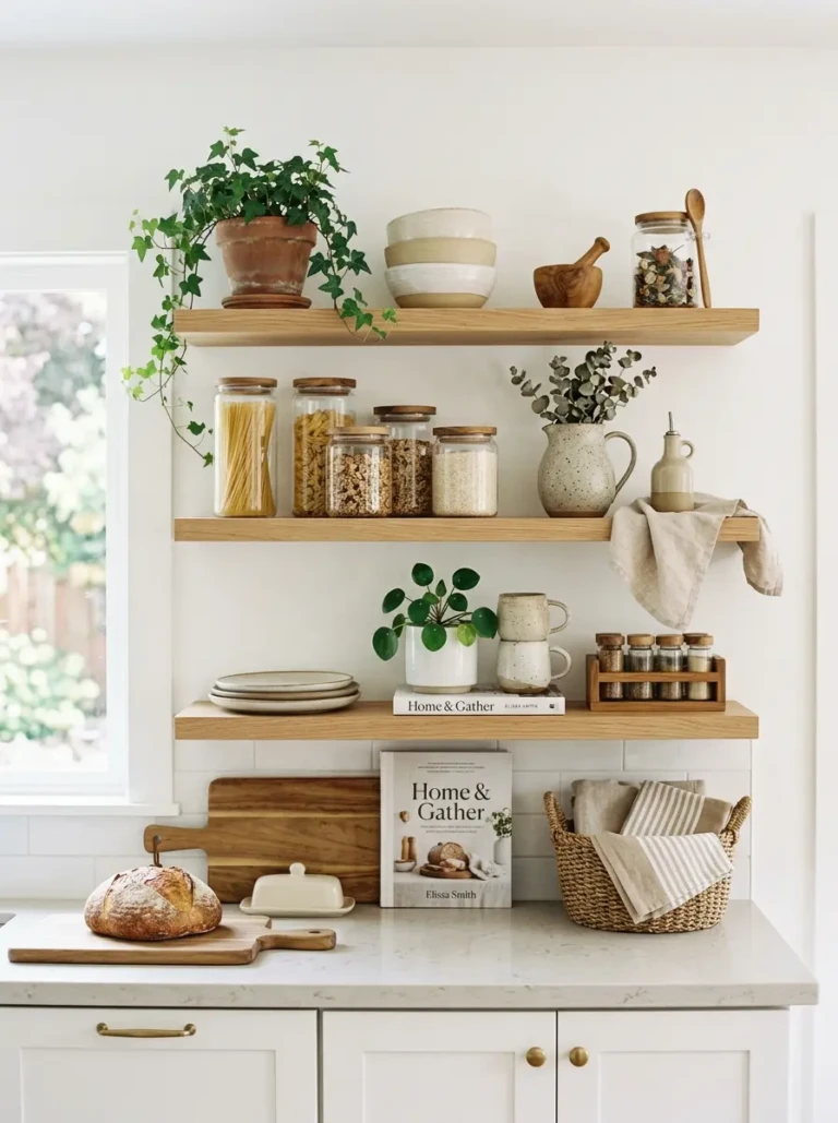 Beautiful floating shelves in a white kitchen styled with ceramics, greenery, wood textures, and glass jars for an elegant airy look.