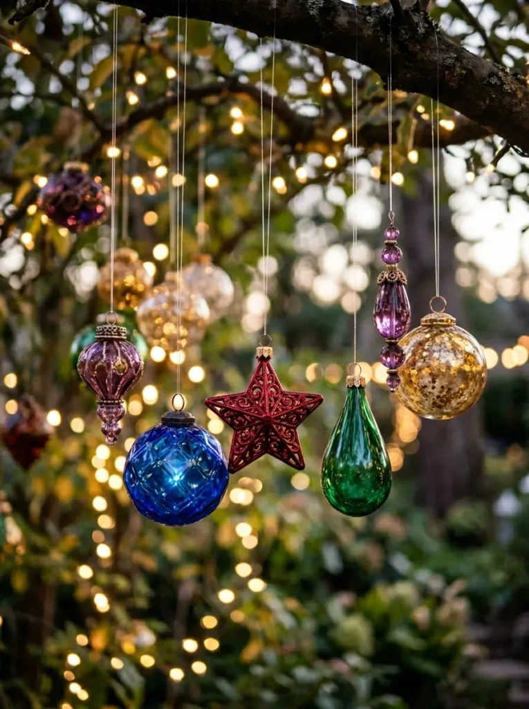 Close-up of ornaments suspended with invisible string creating a floating festive effect outdoors