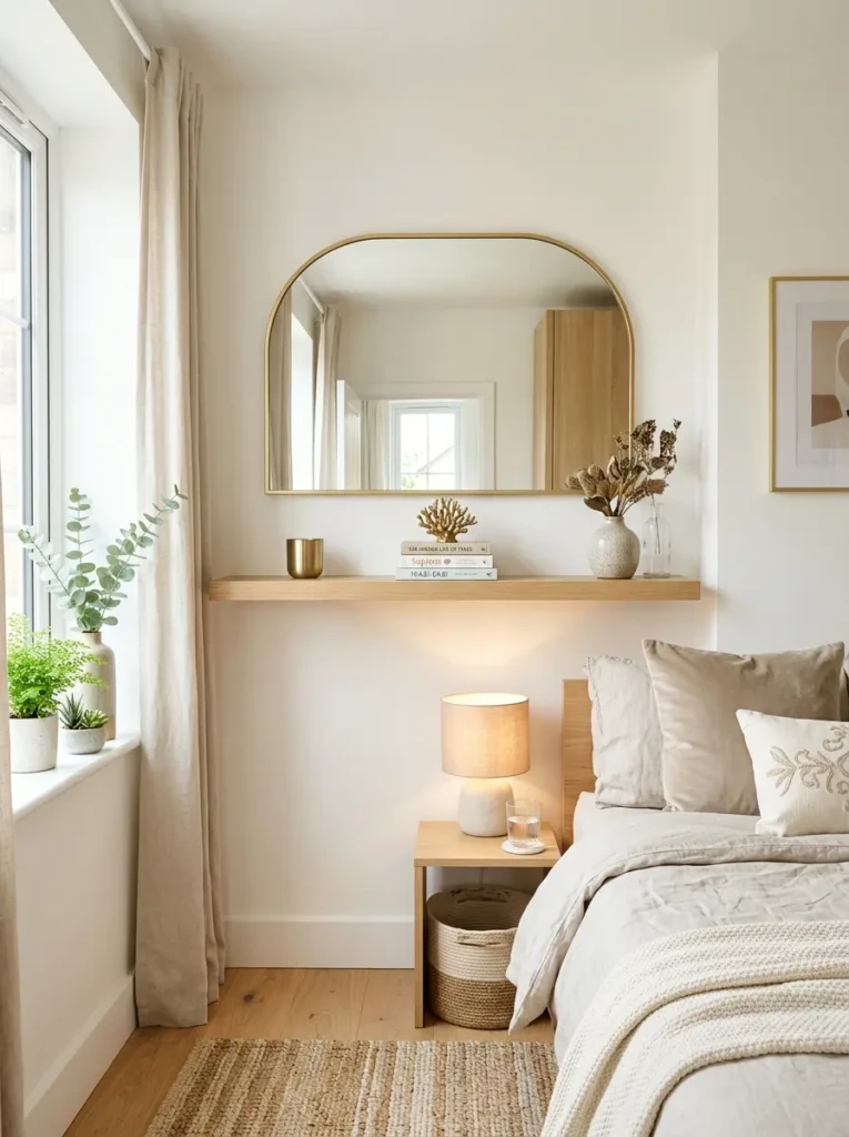 A light wood floating shelf below an arched mirror styled with metallic accents and decor.