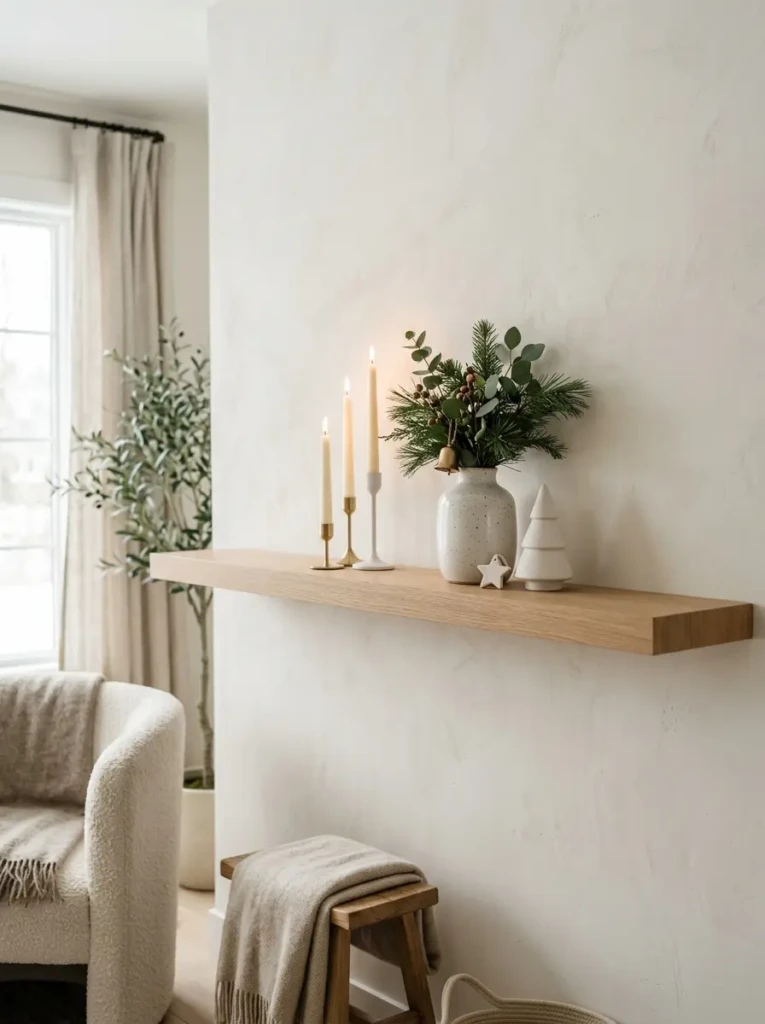 Airy floating shelf Christmas decor with intentional empty space, candles, greenery, and ceramic accents.