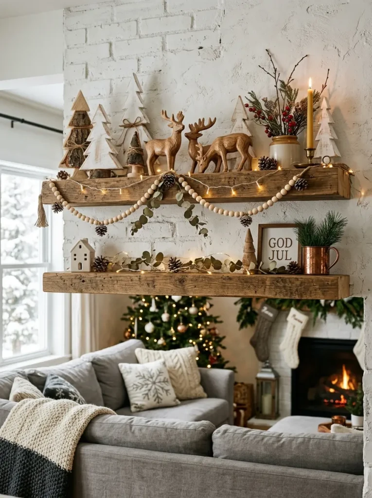 Floating shelf styled with wooden trees, carved reindeer, and bead garlands in warm farmhouse Christmas decor.