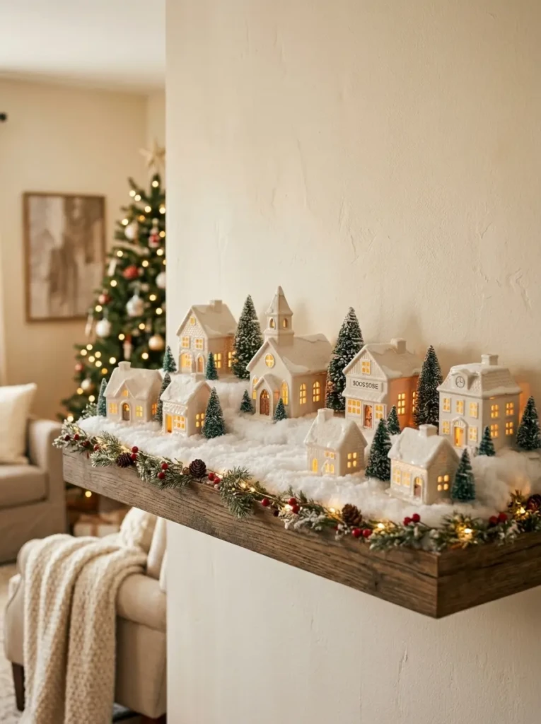 Floating shelf styled with white ceramic houses, faux snow, and glowing warm windows for a magical Christmas village look.
