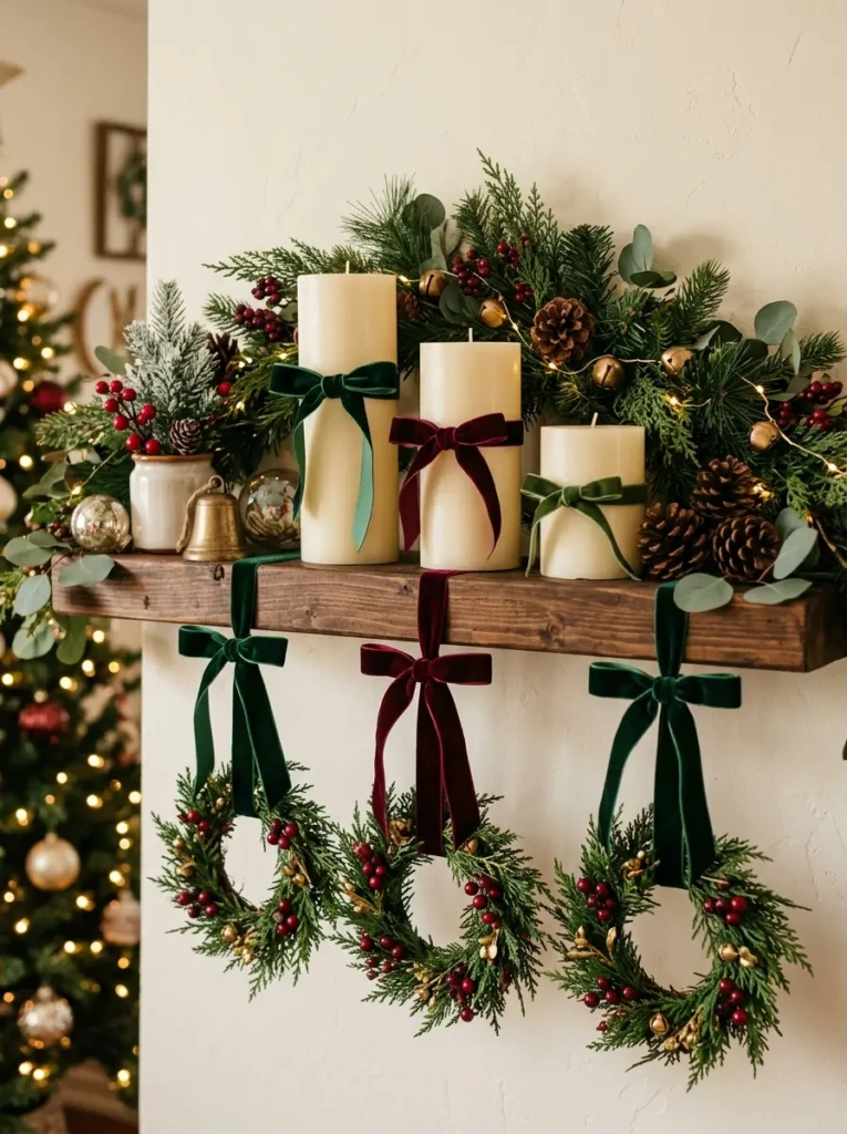 Floating shelf decorated with velvet ribbons tied around candles and wreaths in rich green and burgundy tones.