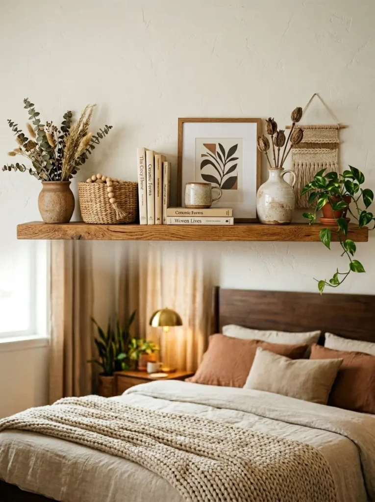 A floating shelf featuring ceramics, woven decor, clay tones, and creamy white styling.
