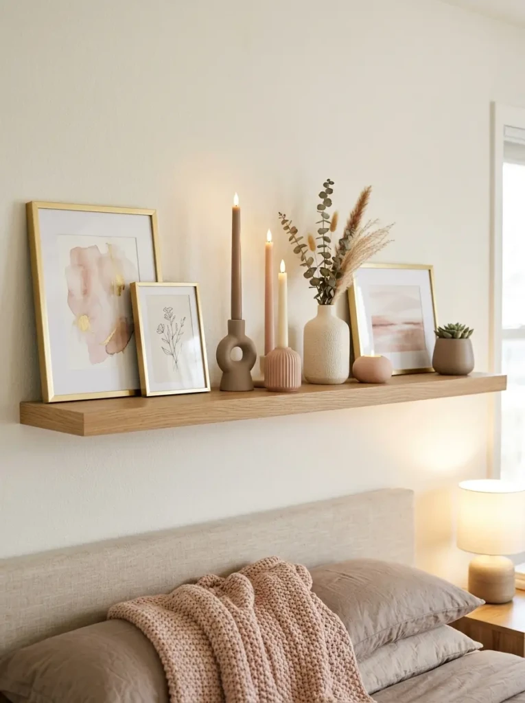 A floating shelf arranged with gold frames, flameless candles, and ceramic holders in warm neutral colors.