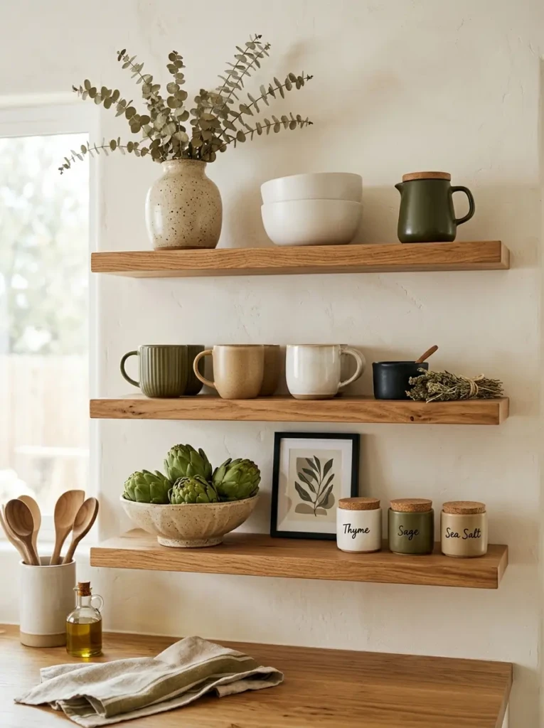 Floating shelves with repeated beige, olive green, and white ceramics creating a visually balanced kitchen palette.