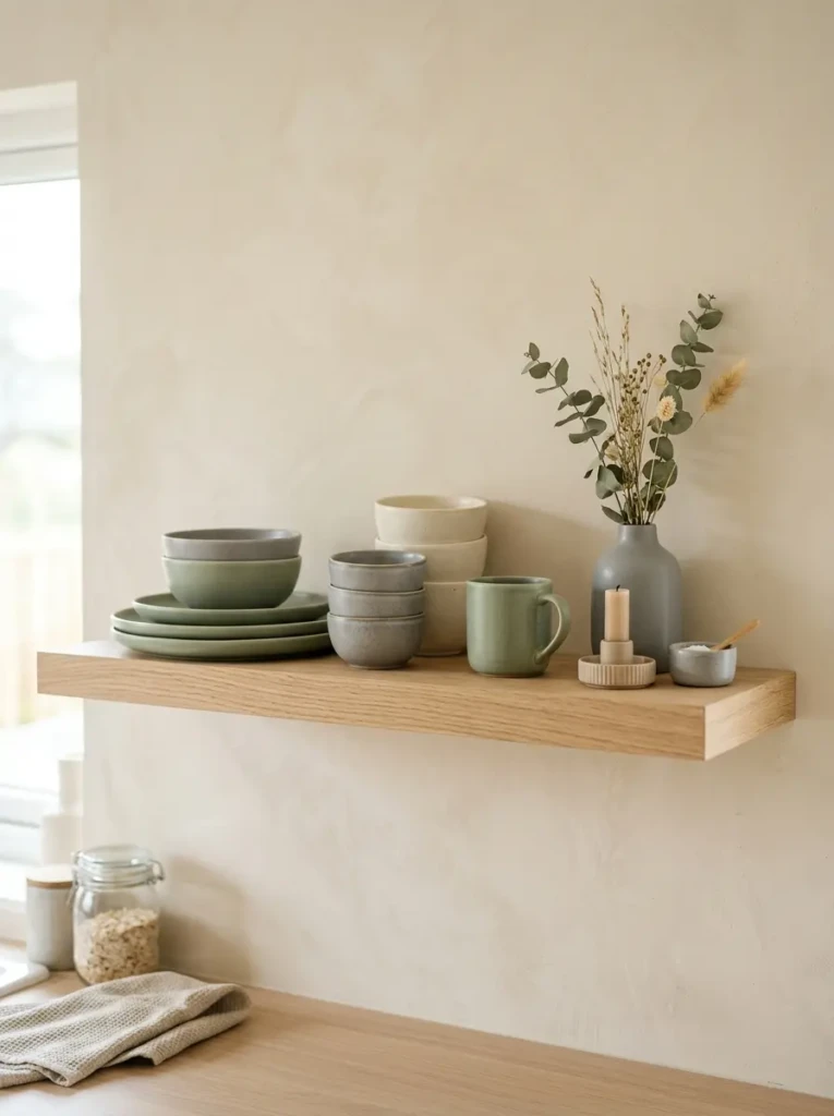 Floating shelf decor in beige, sage, and soft gray tones with grouped dishes arranged by height in a calming kitchen space.