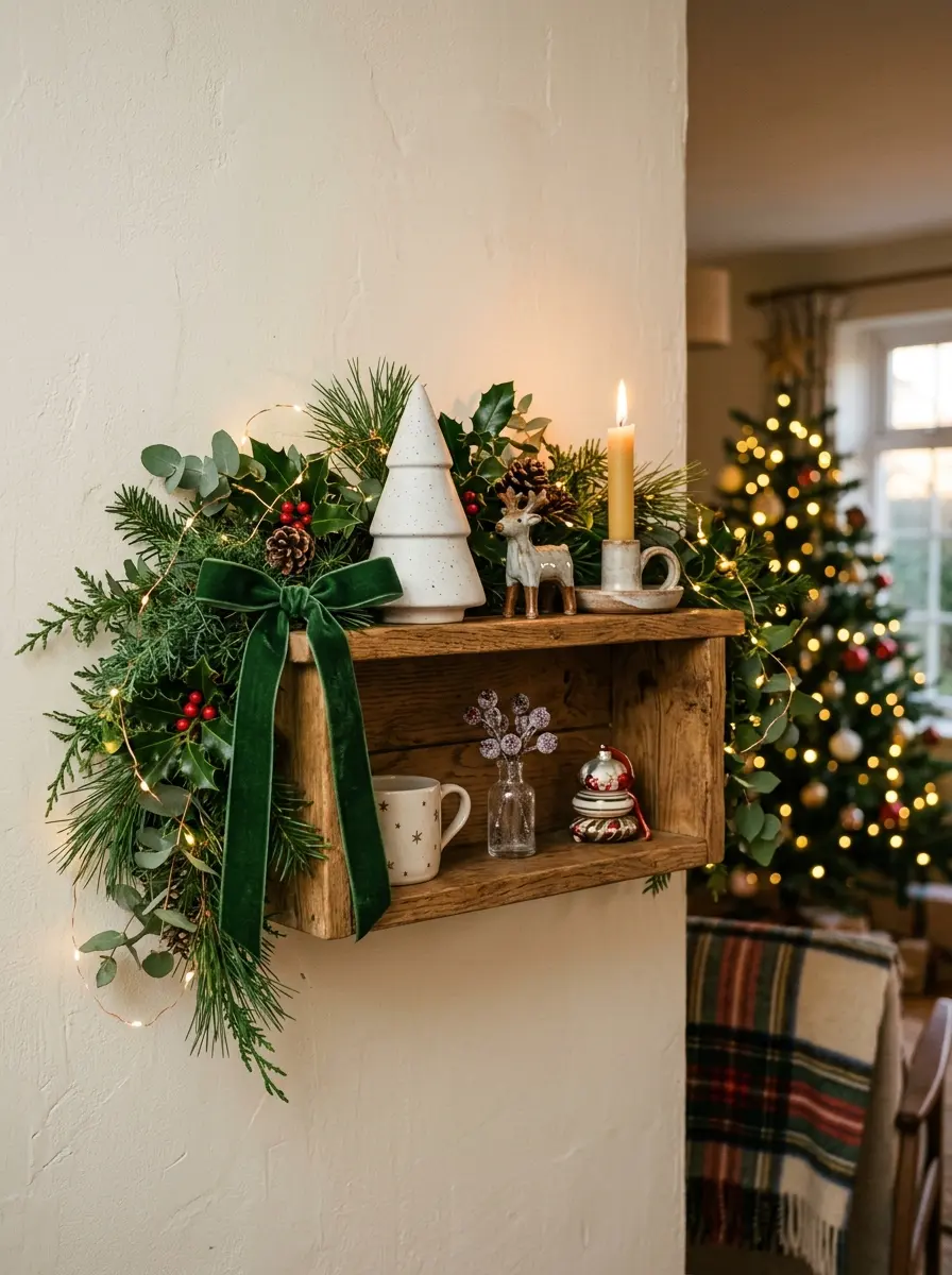 Small floating shelf decorated with greenery, ribbon, fairy lights, and ceramic accents in a warm holiday aesthetic.
