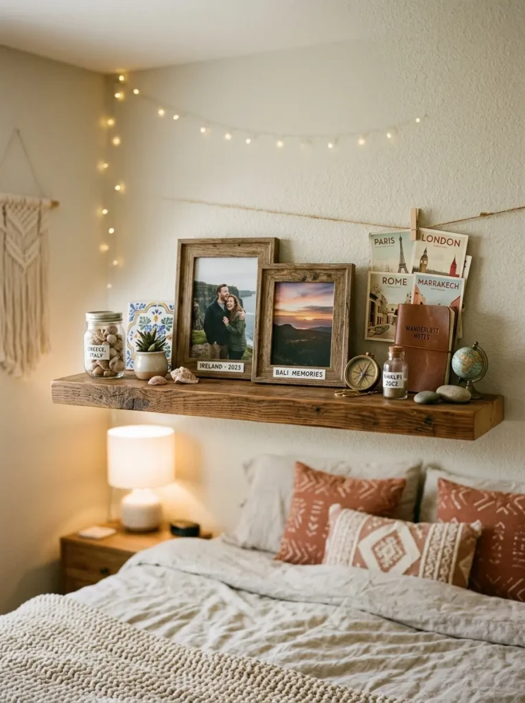Bedroom floating shelf styled with postcards, shells, framed memories, and travel souvenirs.