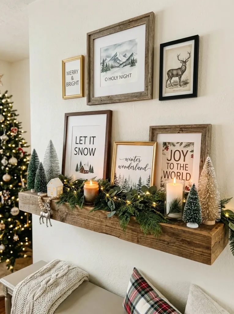 Floating shelf styled with layered Christmas prints, candles, and mini trees in a cozy gallery arrangement.
