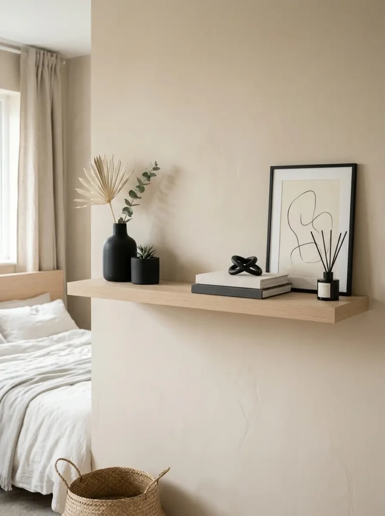 A pale wood floating shelf in a beige bedroom with matte black accents and airy spacing.