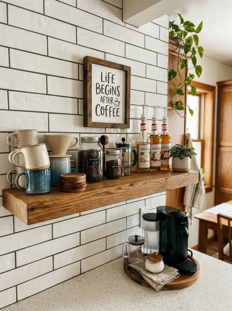 Floating shelves styled as a home coffee station with mugs, coffee bean jars, syrup bottles, and framed wall art.