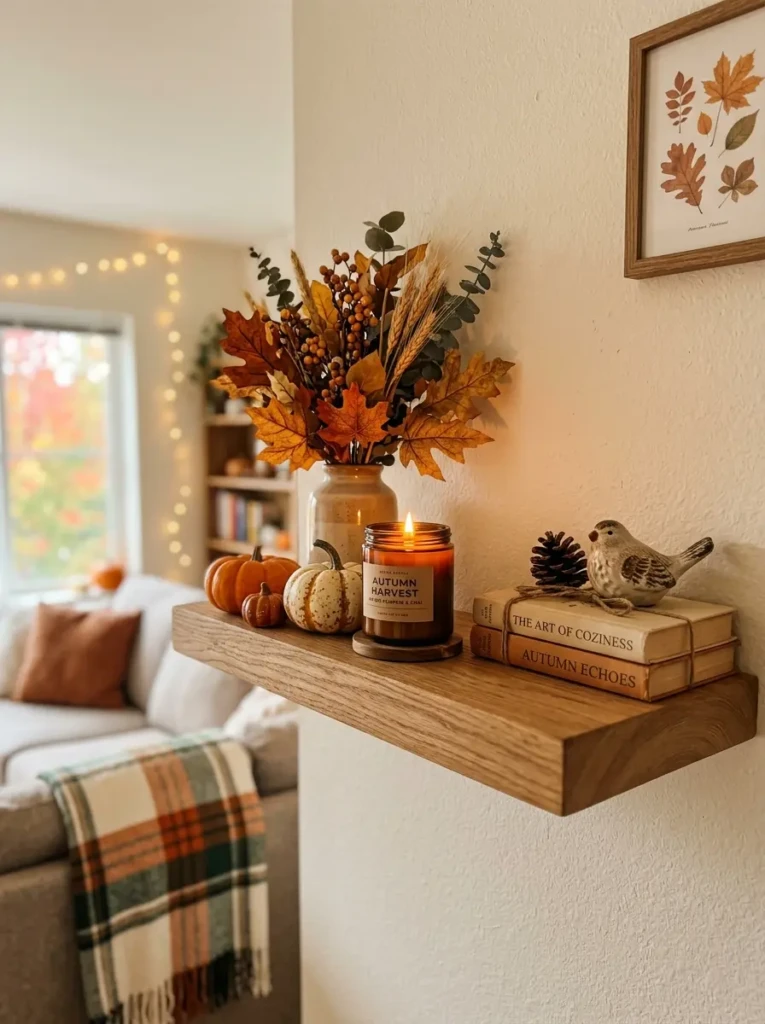 A floating shelf styled for fall with a mini pumpkin, amber candle, and dried leaves.