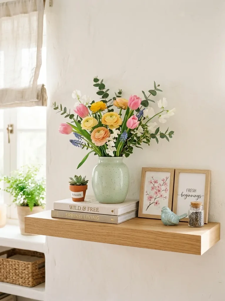Floating shelf decorated with spring flowers and a pastel vase in soft daylight.