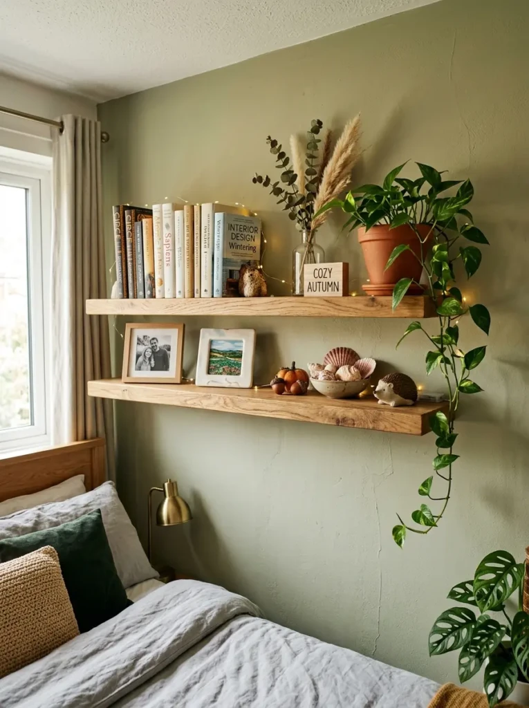 A floating shelf with books and frames styled with fairy lights, greenery, and seasonal accents.