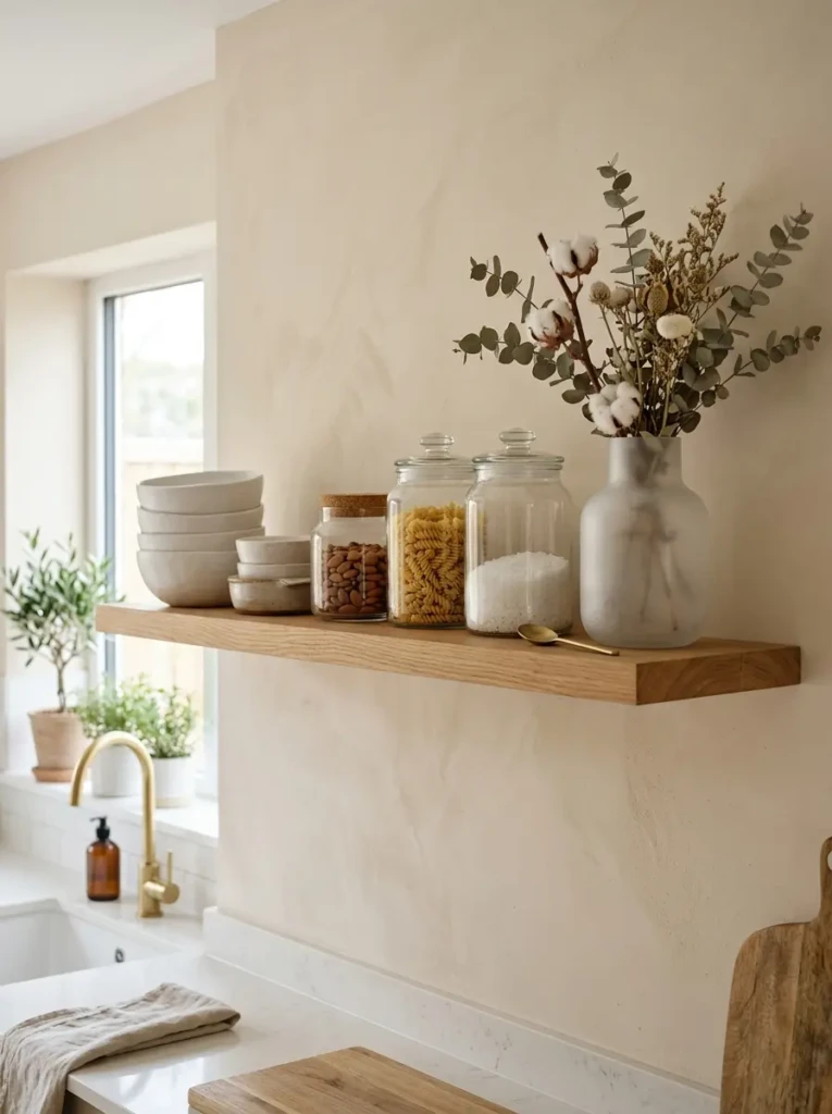 White ceramic bowls paired with clear glass jars and a frosted vase on elegant floating kitchen shelves.