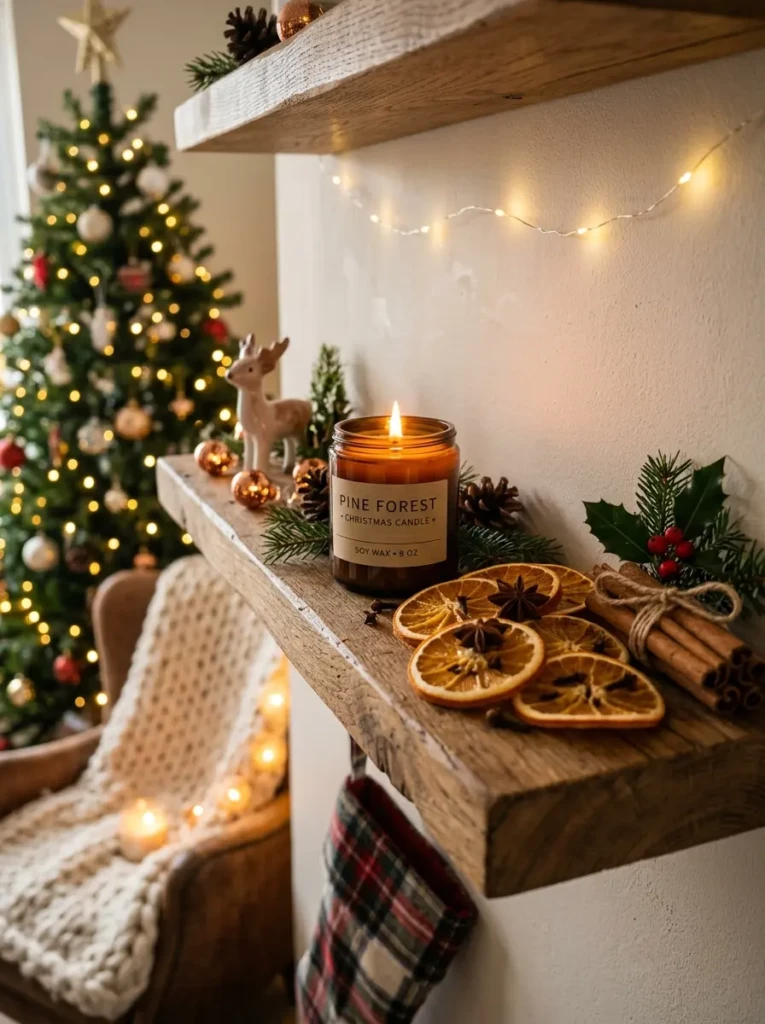Floating shelf styled with pine-scented candle, dried orange slices, and cinnamon bundles for warm holiday mood.