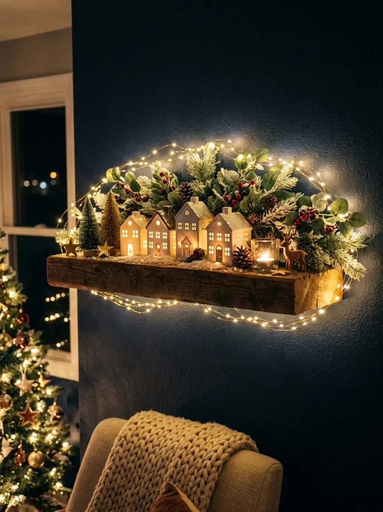 Floating shelf wrapped in warm fairy lights glowing around greenery and ceramic Christmas houses.
