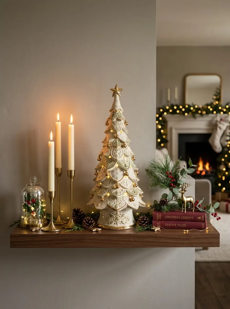 Tall ceramic Christmas tree sculpture centered on a floating shelf with candles and smaller festive accents.