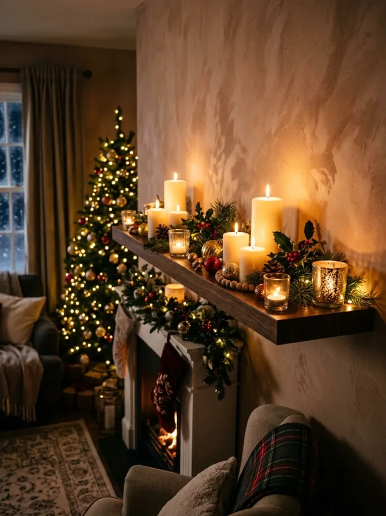 Floating shelf glowing with mixed-height candles, pillar lights, and warm flickering shadows for festive ambiance.