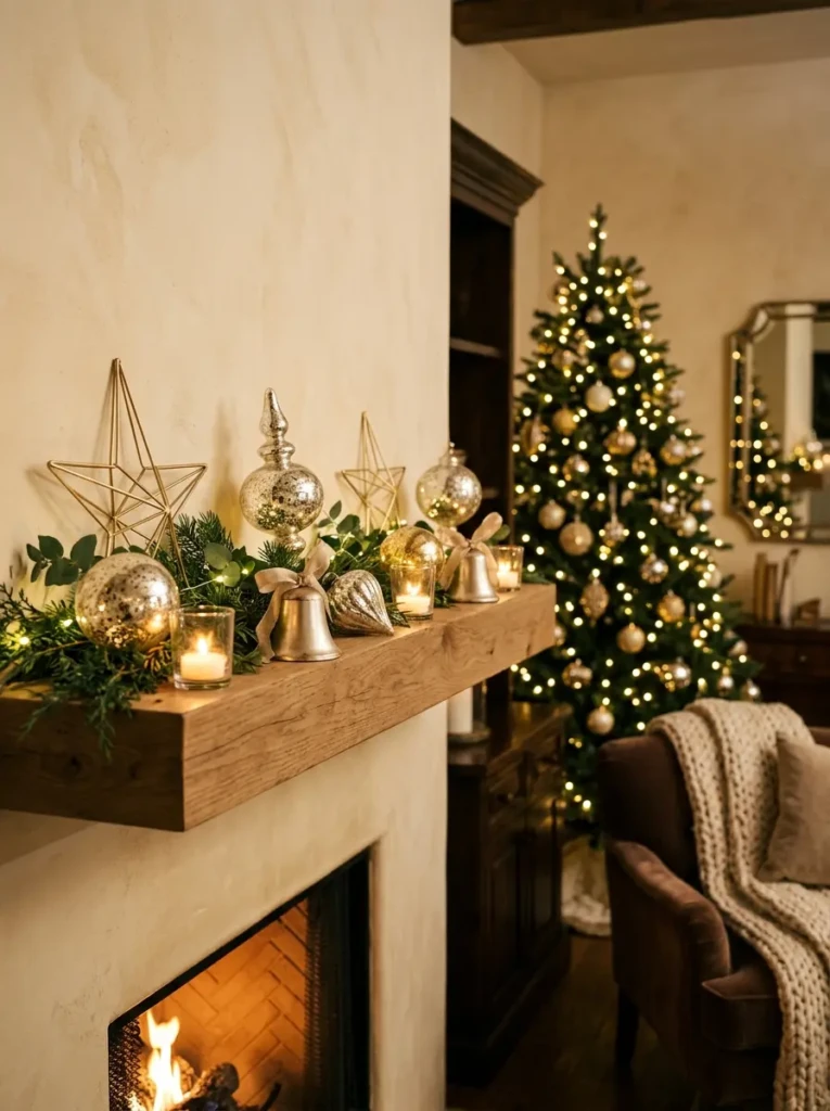 Floating shelf decorated with brushed gold stars, mercury glass ornaments, and champagne bells reflecting candlelight.