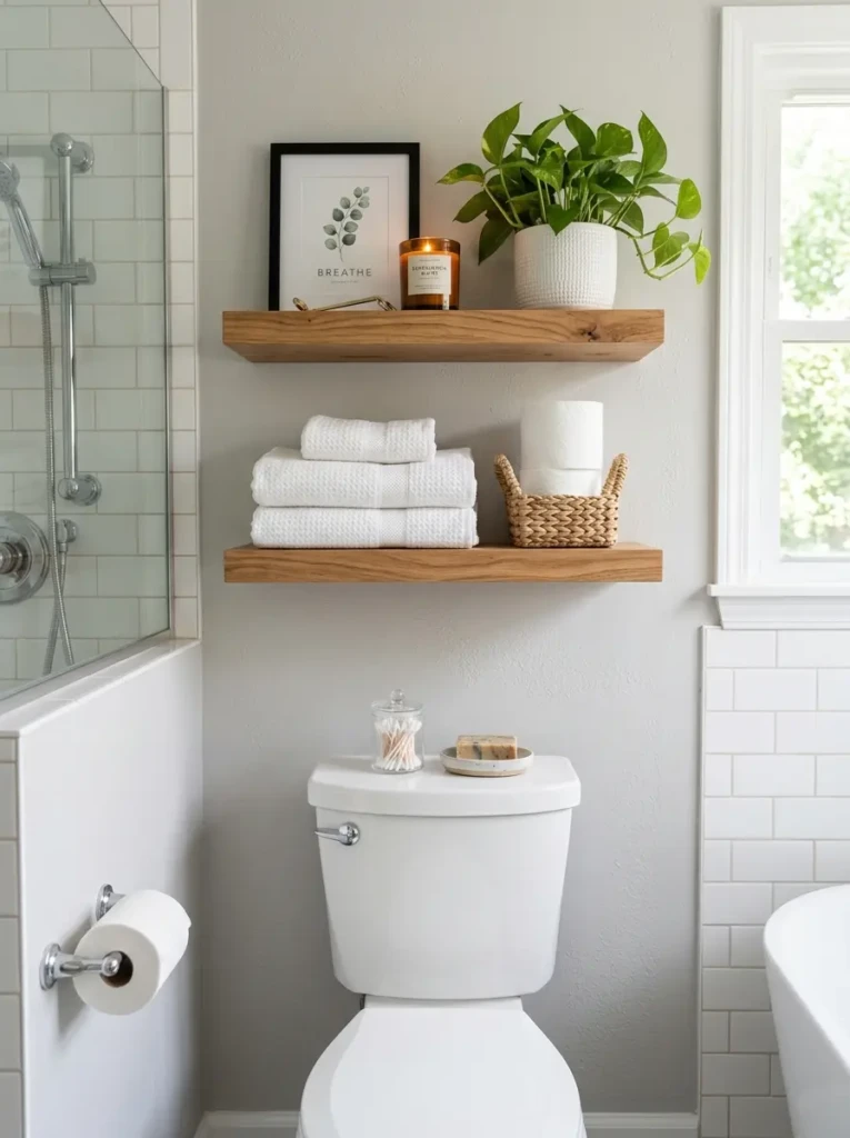 Wooden floating shelves above toilet decorated with towels, plant, candle, and framed art.