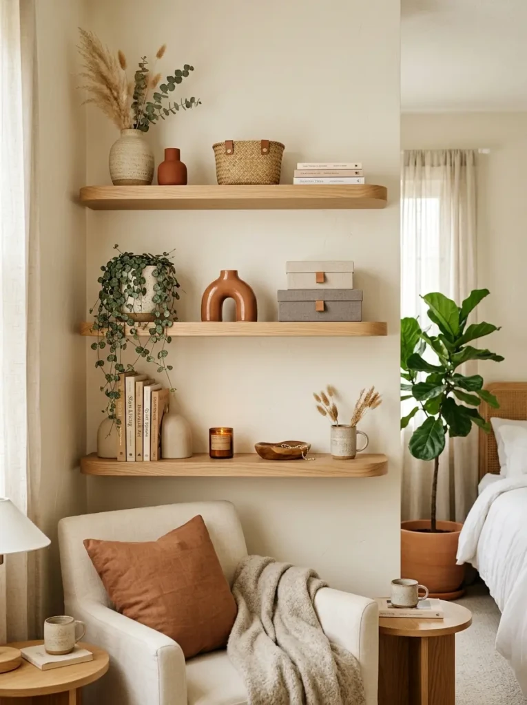 Rounded floating corner shelves styled with linen boxes, ceramics, and small plants.