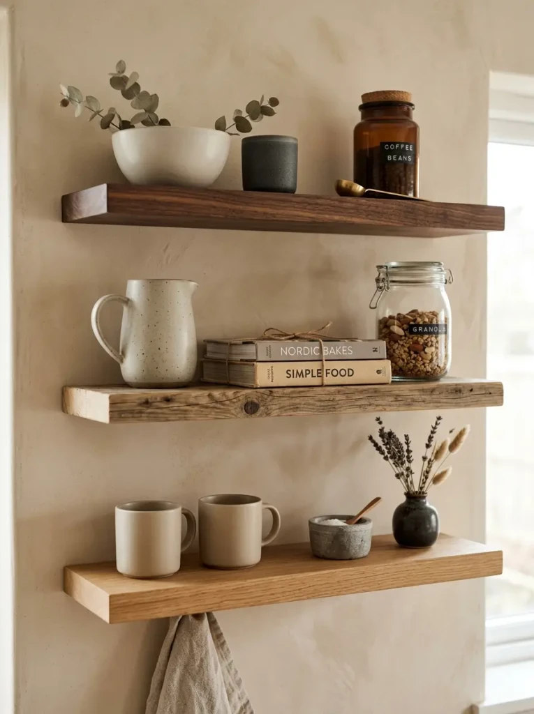 Close-up of oak, walnut, and reclaimed pine kitchen shelves styled with ceramics and glass jars in warm neutral tones.