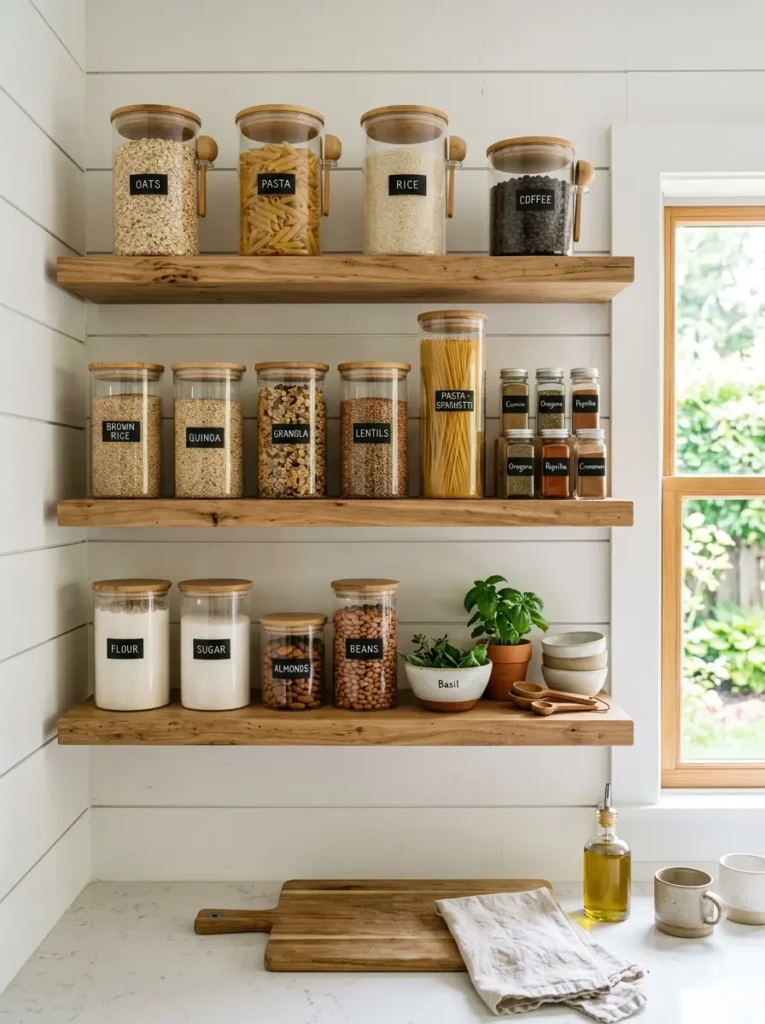 Clear jars filled with oats, pasta, rice, and coffee arranged neatly on floating shelves with bamboo lids.