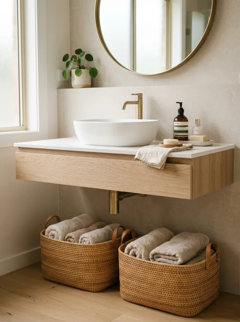 A close-up of a floating vanity styled with woven baskets, a sleek sink, and neutral tones