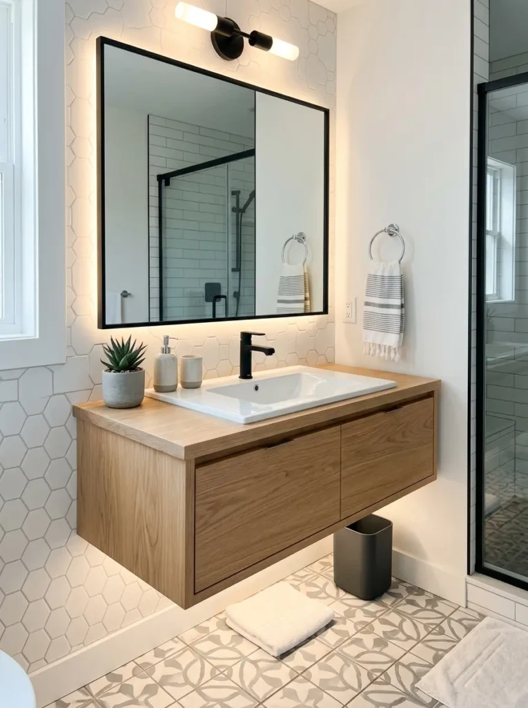 Light wood floating vanity with under lighting and modern sink in a compact bathroom
