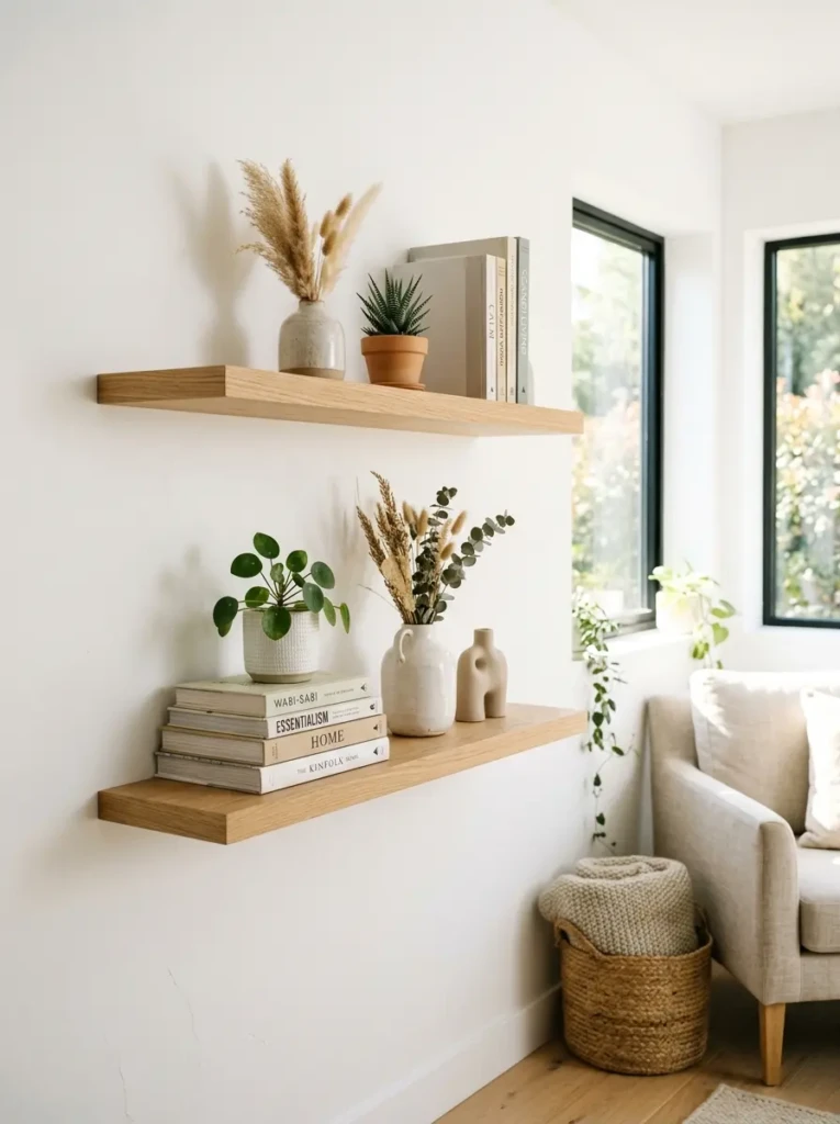 Wooden floating shelves on a white wall decorated with books, plants, and ceramic accents in a clean, neutral-toned interior.