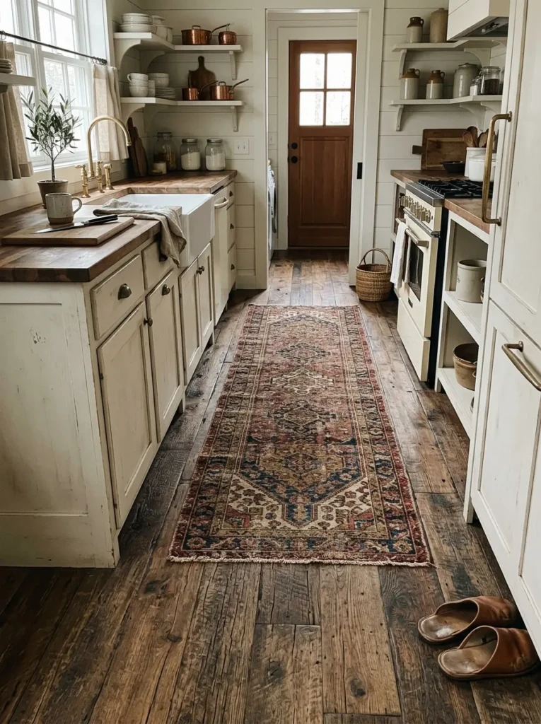 Weathered wood-look flooring with a vintage runner rug in a charming compact farmhouse kitchen.