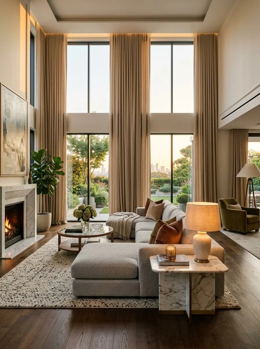 Living room curtain color inspiration featuring white walls, taupe, beige, and sage green curtain options with stylish neutral furniture.