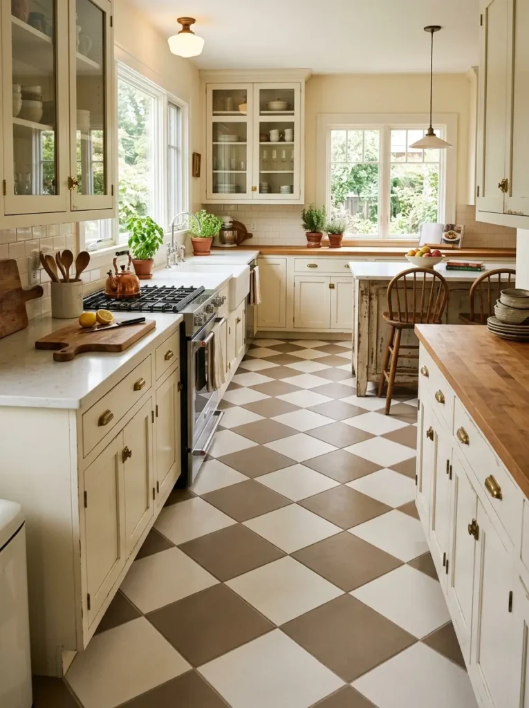 Cream and taupe checkerboard floor tiles arranged diagonally in an airy vintage kitchen design.