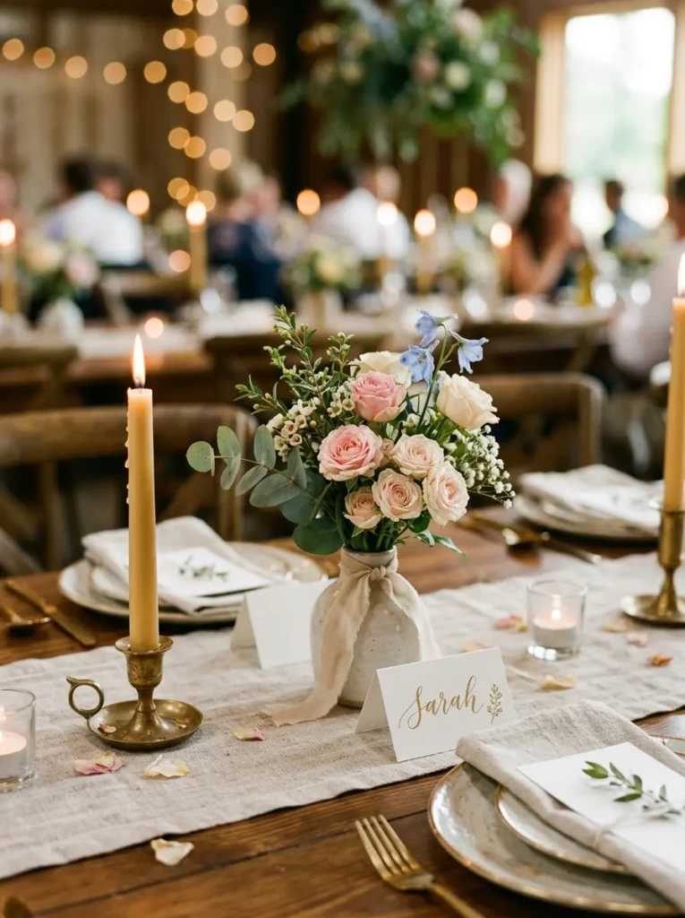 Close-up of wedding decor details including flowers, candles, and table styling elements