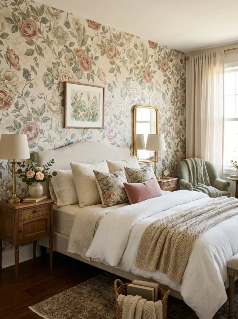 Muted floral wallpaper paired with gold decor accents and soft cozy bedding