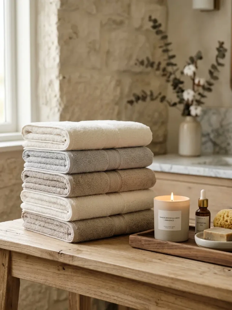 Soft neutral towels folded evenly with a candle and tray, creating an elegant bathroom display.