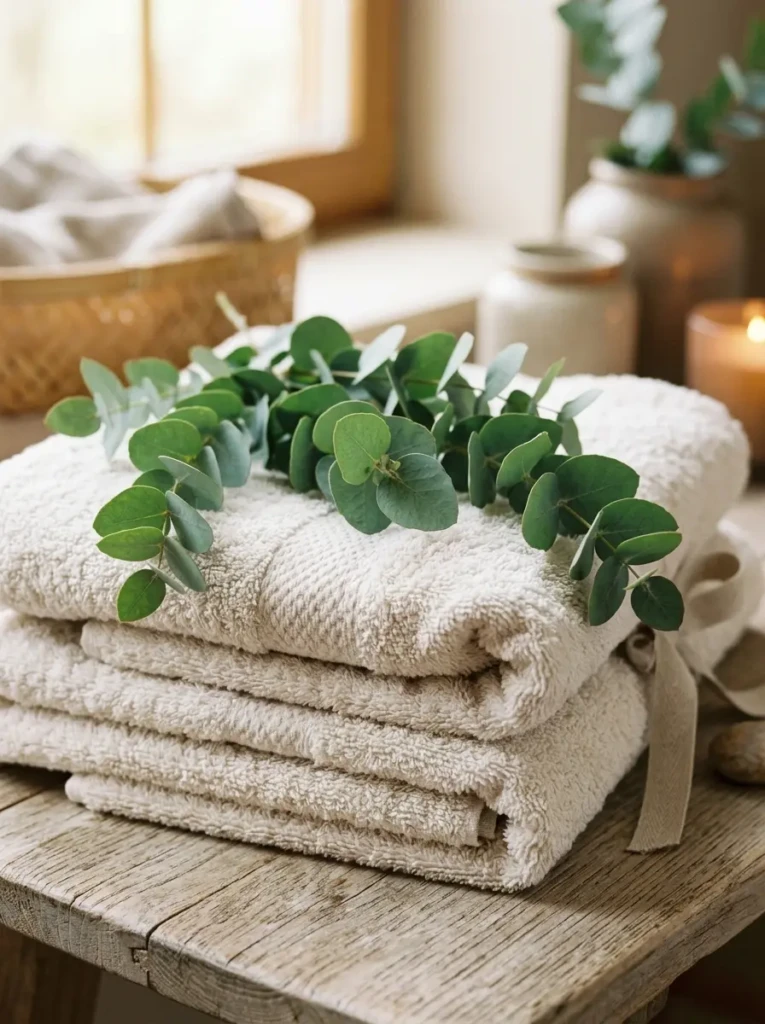 Folded towels paired with eucalyptus leaves for a calm, spa-inspired look.