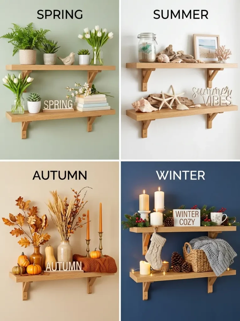 Seasonal floating shelf collage showing spring greenery, summer shells, autumn amber, and winter candles.