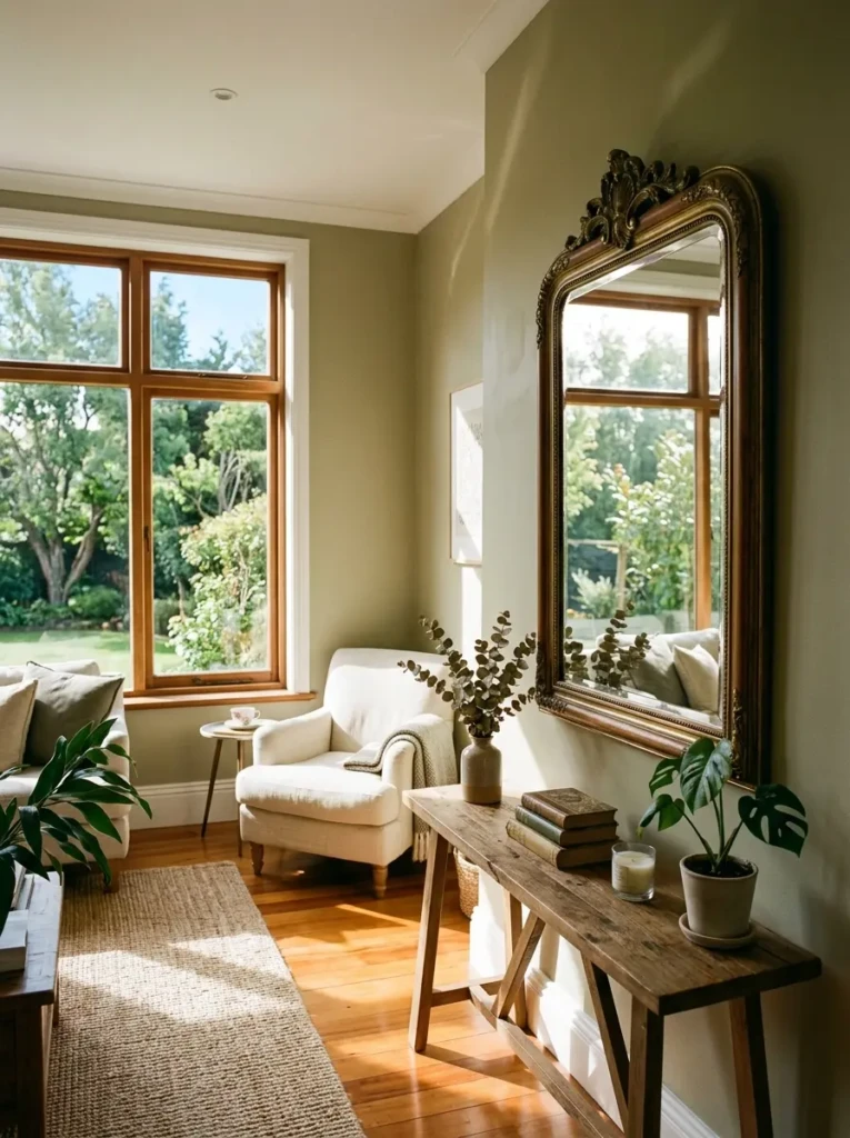 A framed mirror placed opposite a window reflecting sunlight across a cozy bedroom.