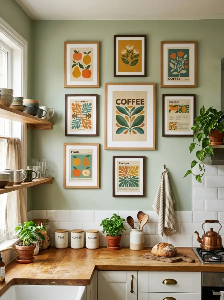 Minimal frames displaying retro prints arranged neatly on a kitchen wall.