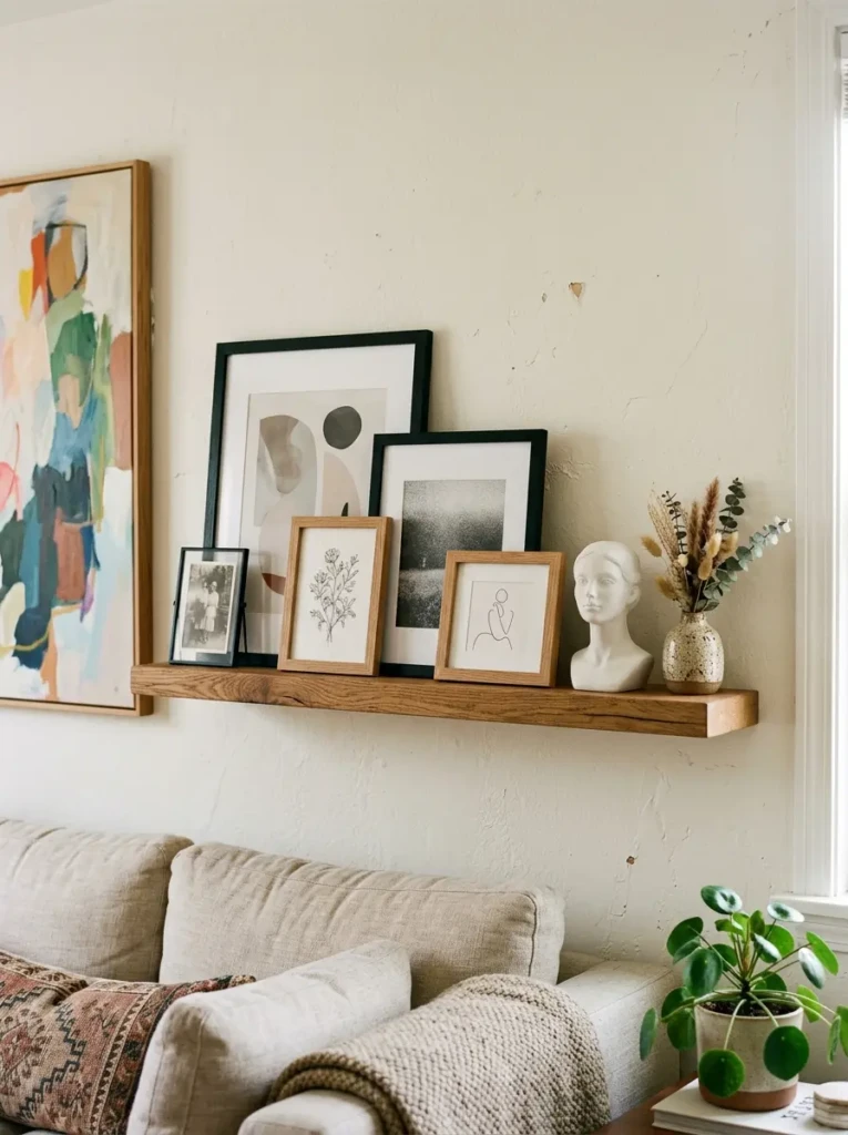 Black and oak frames leaning on a floating shelf with sculptural decor and handmade objects.