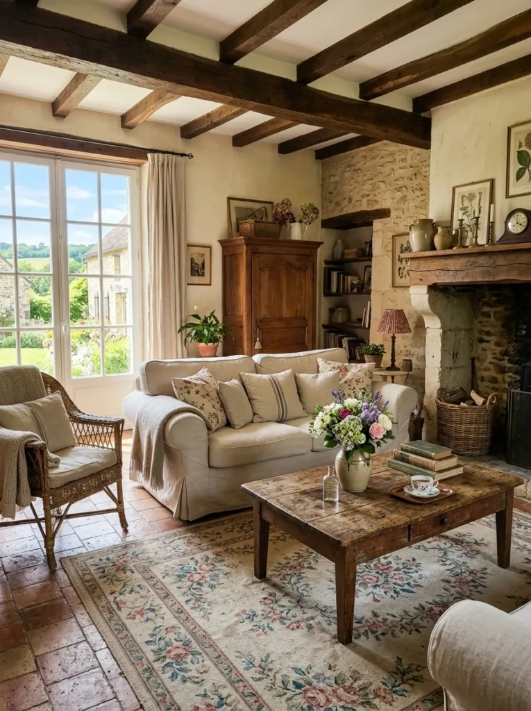 Floral rug in a french country living room with rustic wood furniture and linen sofa.