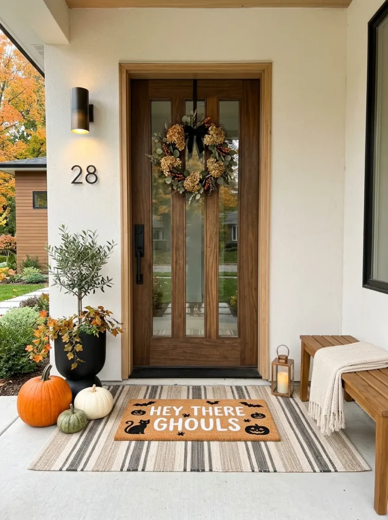 Entryway with layered doormats including a striped base rug and Halloween-themed top mat styled with pumpkins