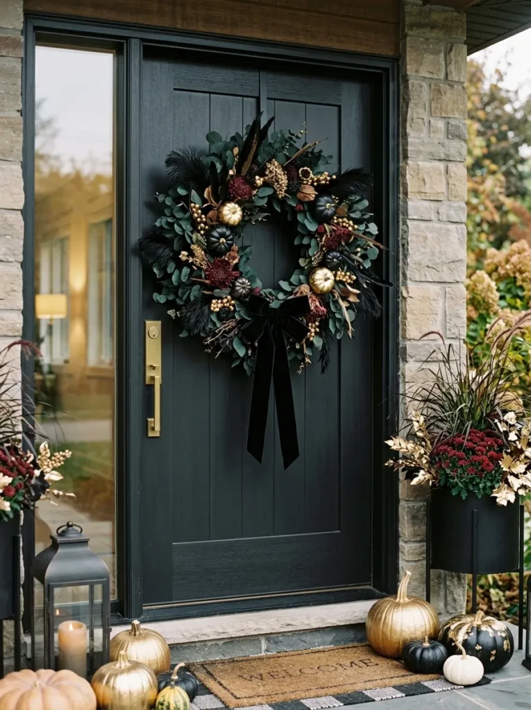 Front door featuring a dark eucalyptus and black feather Halloween wreath with mini pumpkins and subtle gold accents